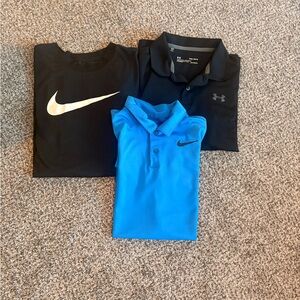 Nike Kids Black, Blue Polo golf Shirt. Plus black under armour golf shirt.